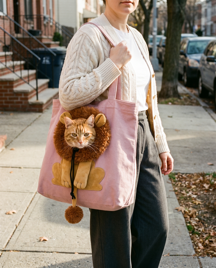 Ginger cat wearing a lion mane inside a pink canvas tote carrier