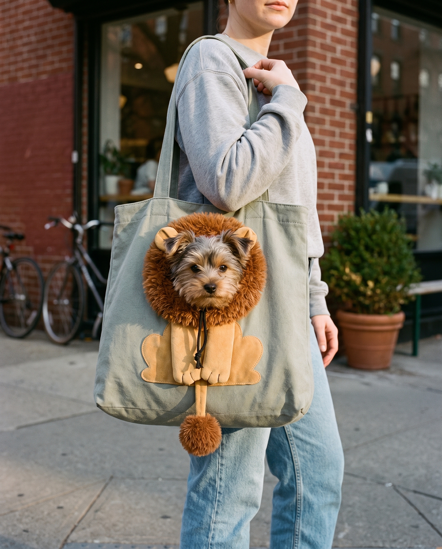 Small dog wearing a lion mane inside a green canvas tote carrier